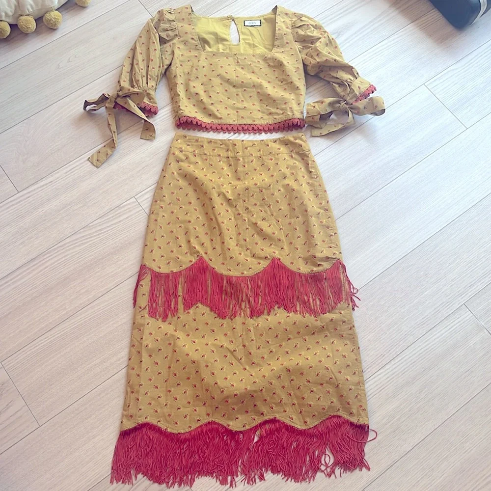 EDDY Mustard Fringe Midi Skirt Set